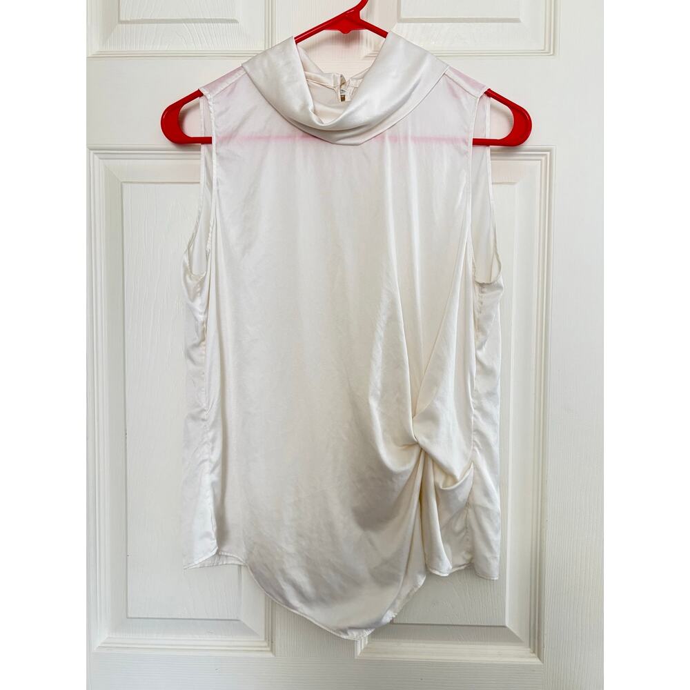 Go Silk Blouse Cream Sleeveless Turtleneck Button Ruched Detail Women’s Size XS